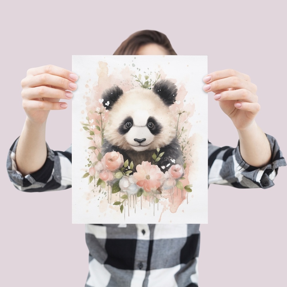 Watercolor Panda Bear With Flowers Portrait Wall Art Illustration Print Unframed - Picture 4 of 6